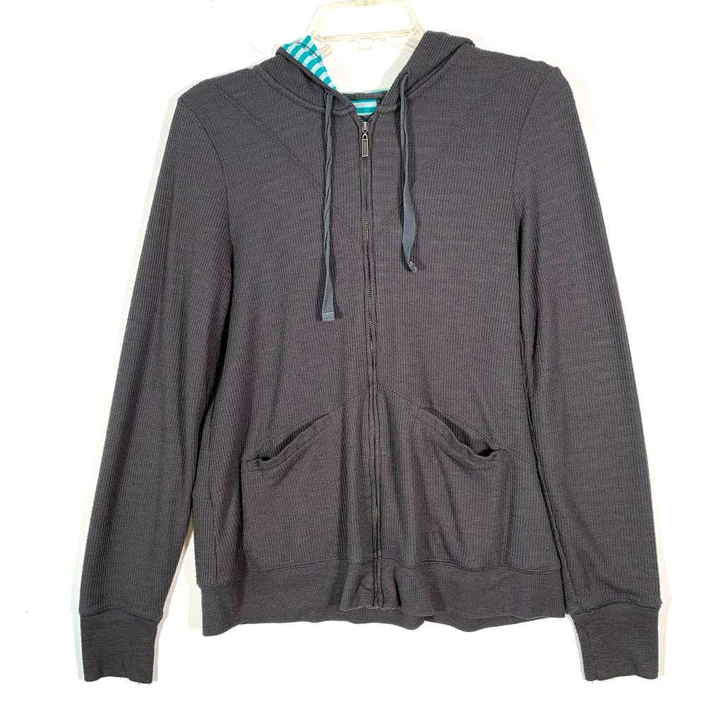 Anthropologie Saturday Sunday Gray Waffle Knit Full Zip Hoodie Medium Striped - Picture 1 of 8